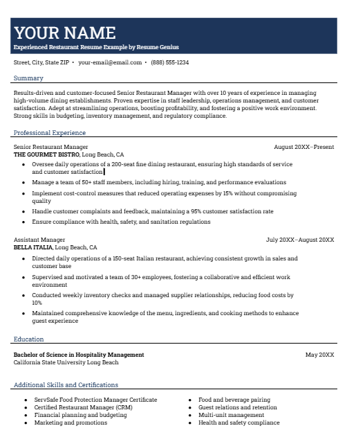 Experienced Restaurant Resume Example Free Download ivorylearn.com